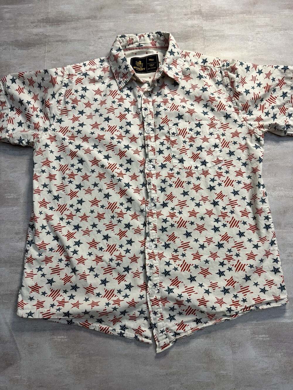 Rugby University Men's Size Medium Patriotic Star Print Short Sleeve Button Down